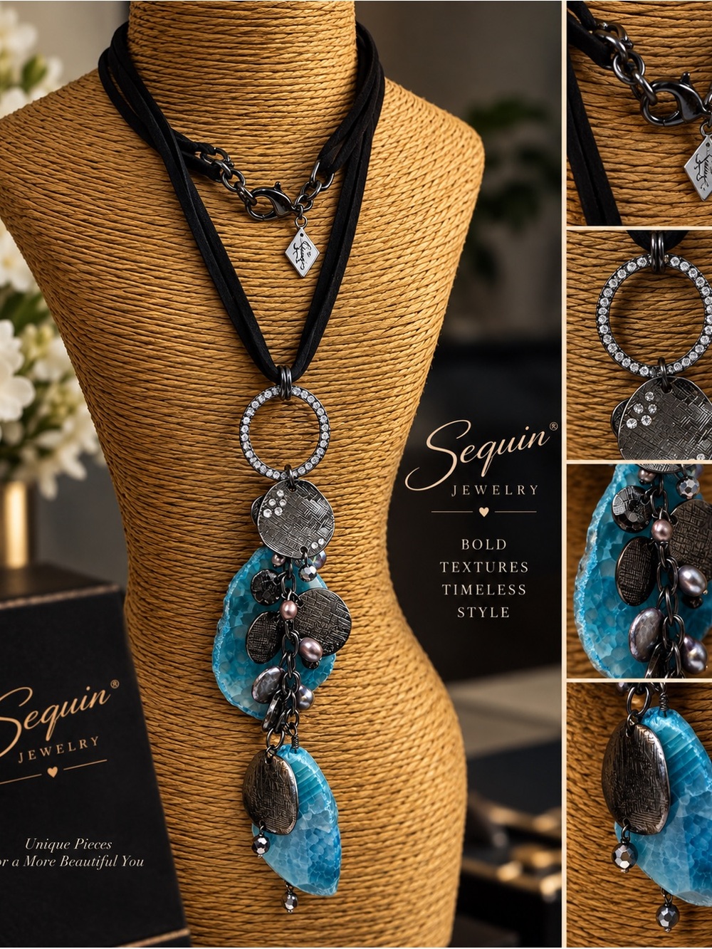 Women's Turquoise & Black Textured Pendant Necklace